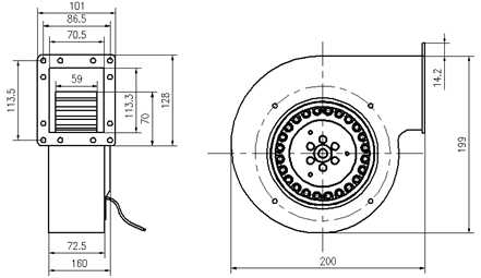單進風前傾式蝸殼離心風機YWFF140外形尺寸圖
